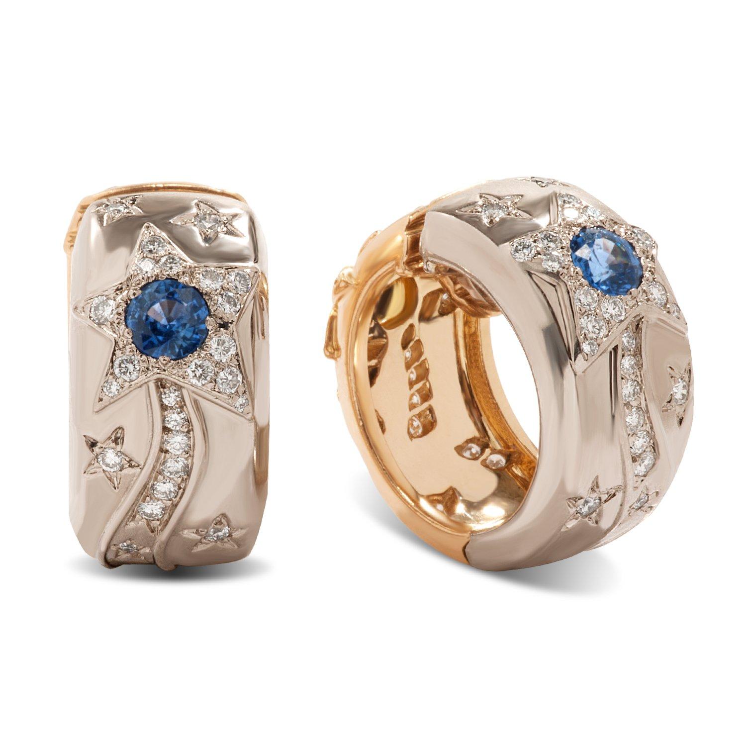 Chanel Comete reversible diamond, yellow sapphire and blue sapphire clip-on hoop earrings in 18k yellow gold and 18k white gold with French hallmarks.

These reversible earrings can be worn showing either yellow gold with diamonds and yellow