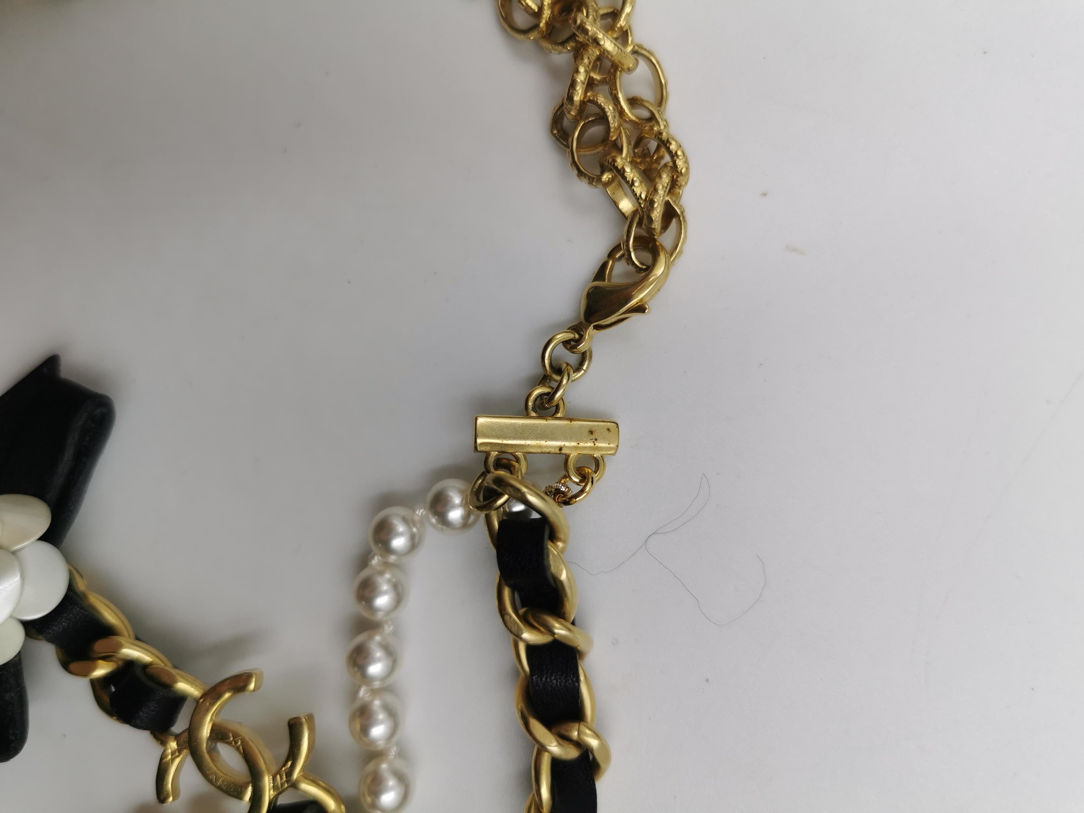 Bead CHANEL Rhinestone 2020 Gold CC Camellia Pearl Chain Leather Choker Necklace
