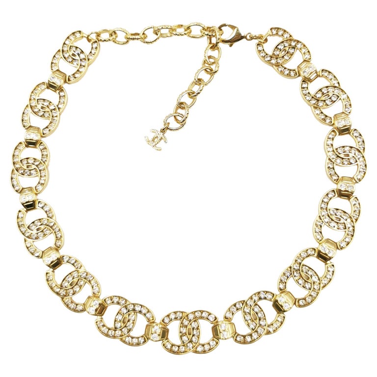 CHANEL Rhinestone 2021 Gold CC Interlocking Choker Necklace at