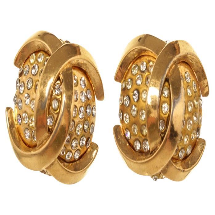 Chanel Logo Earrings with Rhinestones at 1stDibs