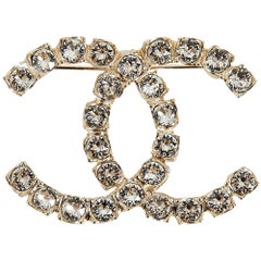 Chanel Rhinestone Double CC Logo Gold Toned Brooch Pin