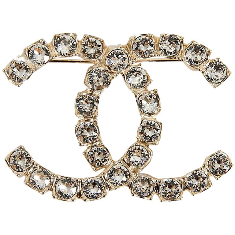 Chanel Rhinestone Double CC Logo Gold Toned Brooch Pin at 1stDibs ...