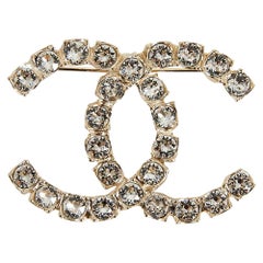 Chanel Rhinestone Double CC Logo Gold Toned Brooch Pin