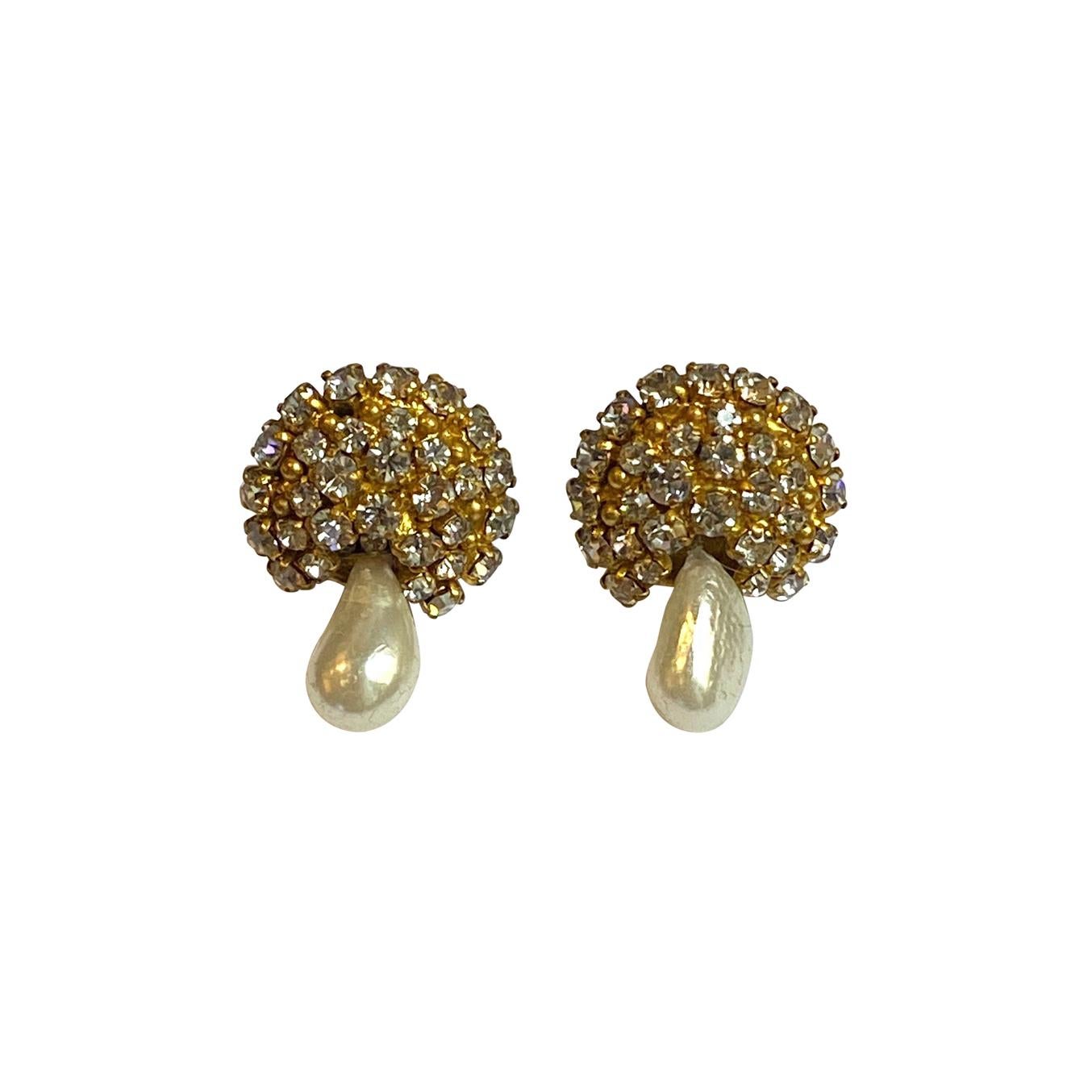 Early Pair Jay Strongwater Rhinestone Faux Peal Clip-On Earrings