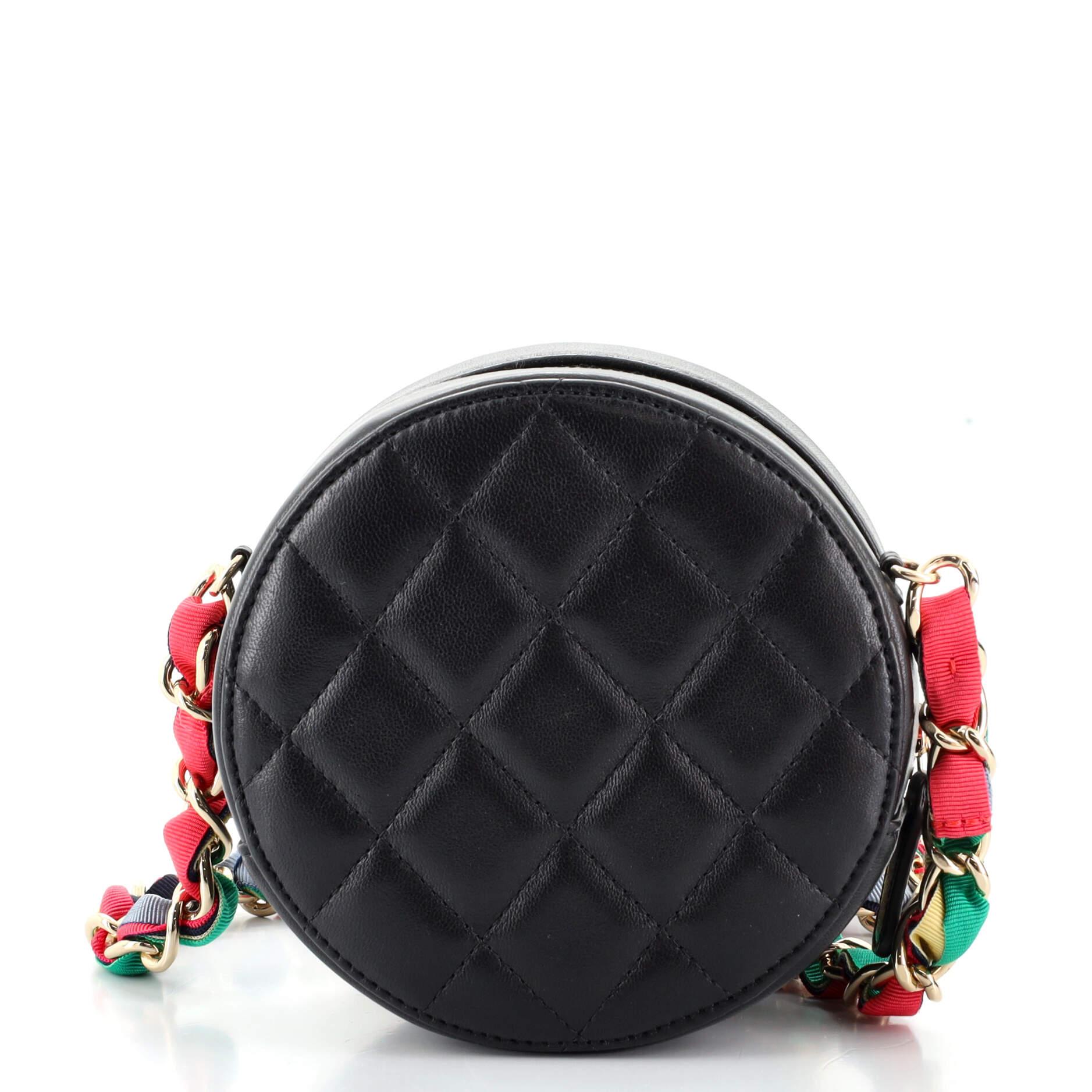 Black Chanel Ribbon Round Clutch With Chain Quilted Lambskin