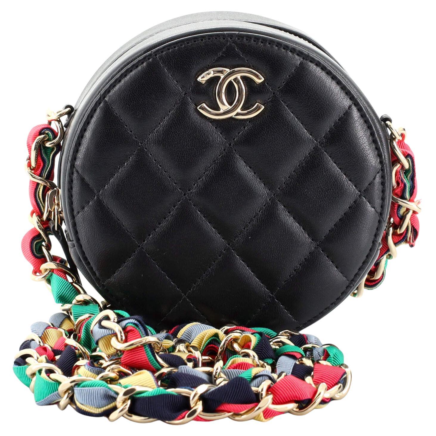 Black Lambskin and Ribbon Round Clutch with Chain Gold Hardware, 2021