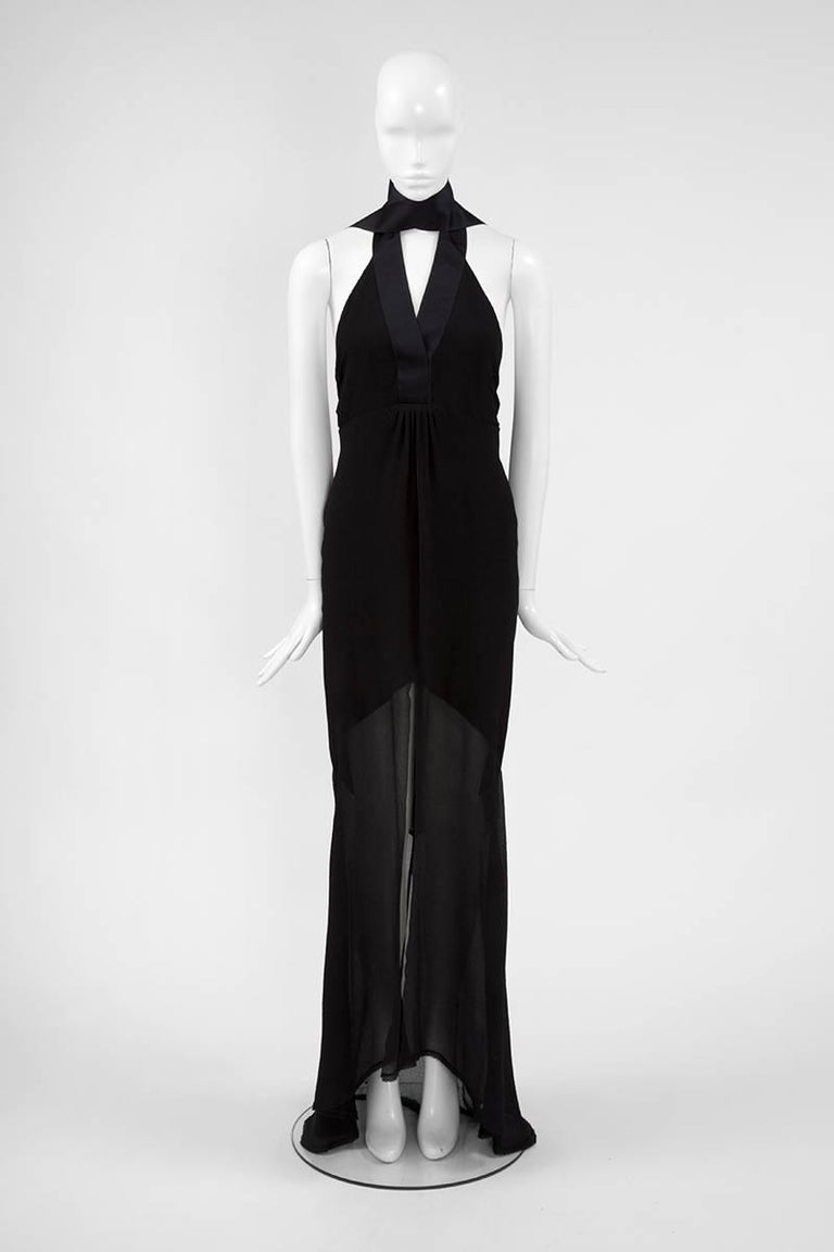 1998 A/H Chanel Black Draped Evening Gown w/Rhinestone Shoulder