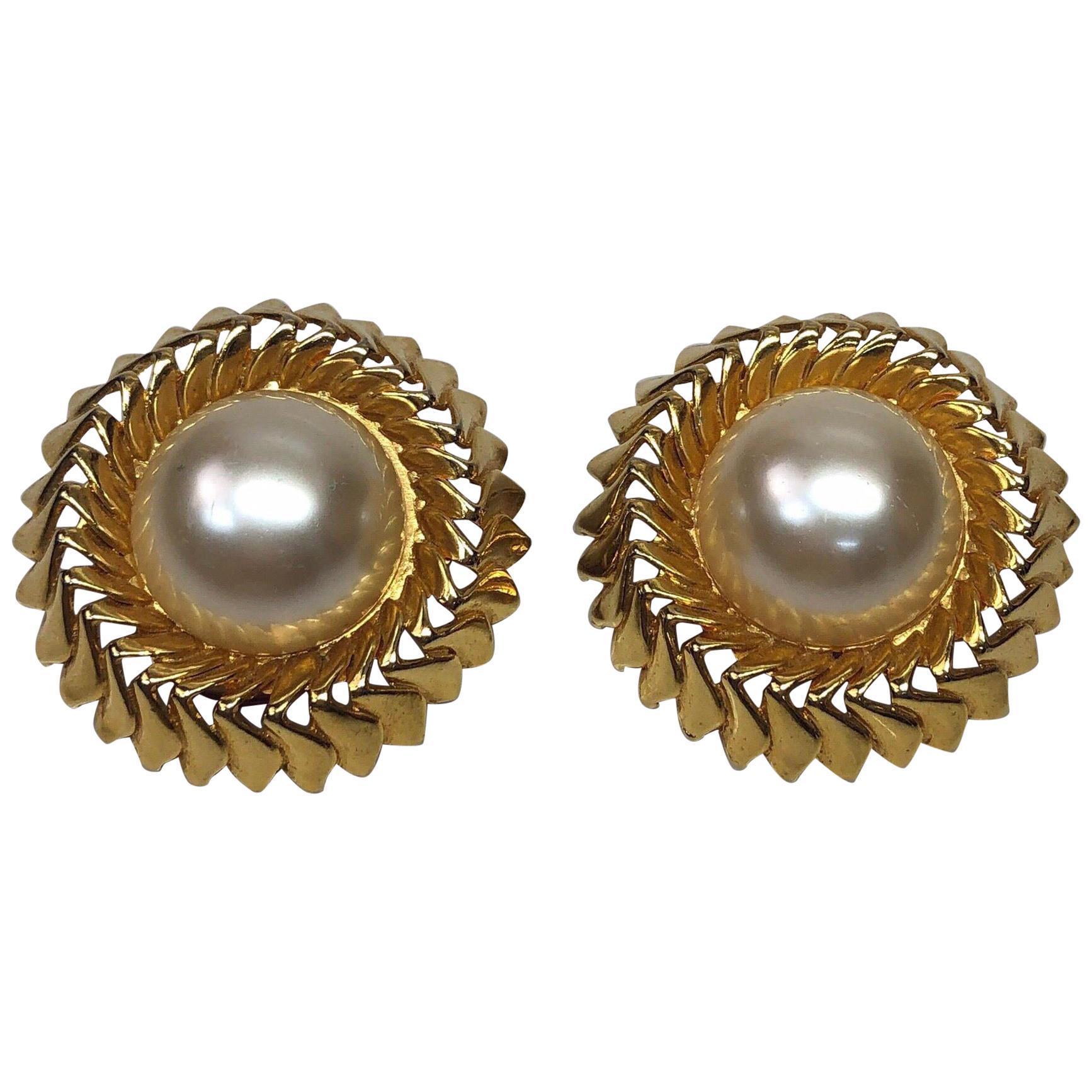 Chanel Rippled Gold Tone w/ Large Pearl Center Earrings