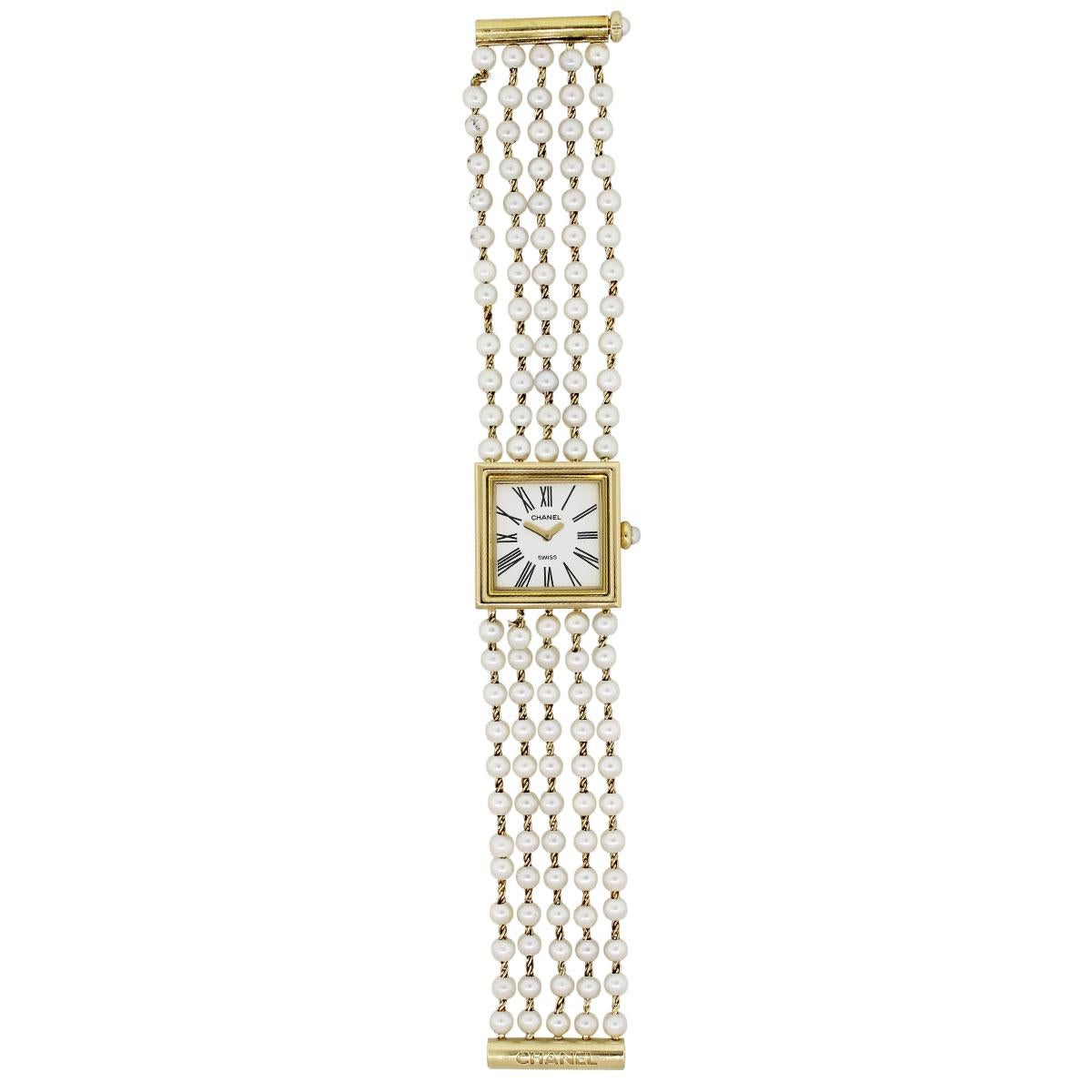 Brand: Chanel
Model: Mademoiselle
Case Diameter: 22mm x 22mm (without crown)
Case Material: 18k yellow gold
Dial: White roman dial
Bracelet: Akoya pearl bracelet, pearls measure approximately 4mm each
Crystal: Sapphire scratch resistant