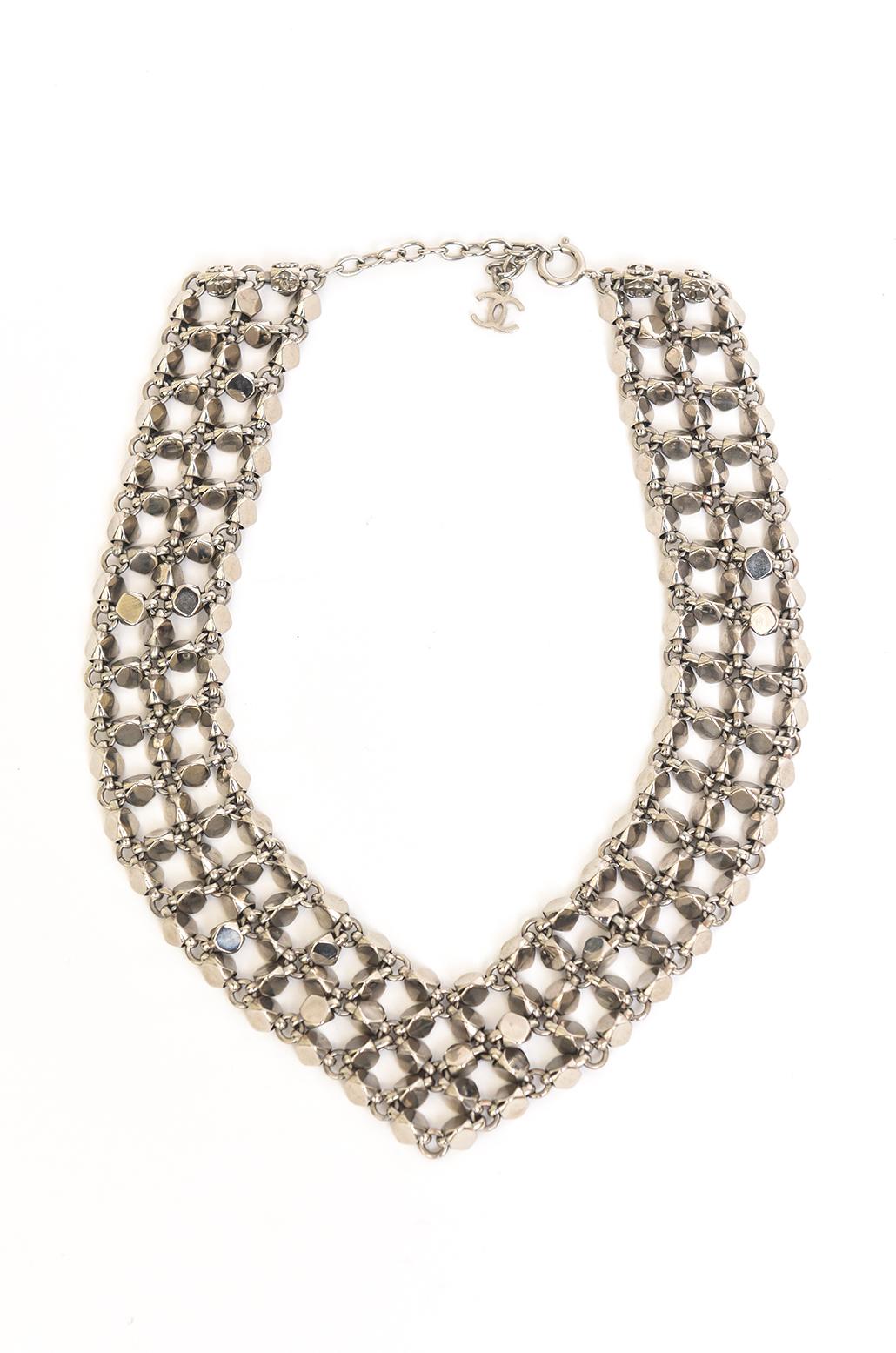 Chanel Rock Stud Silver 3 Row Metal Link V Necklace Signed  For Sale 5