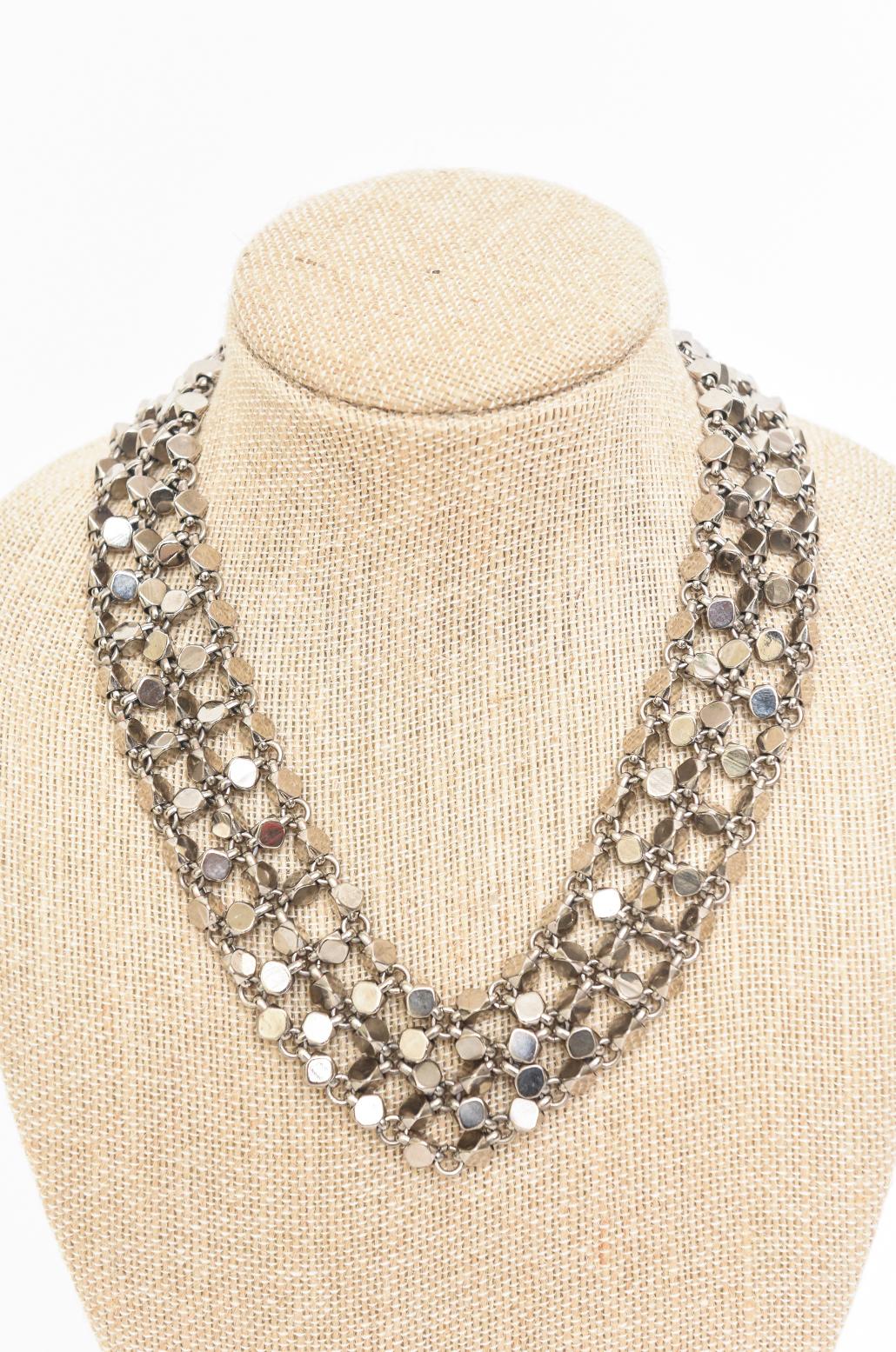 Chanel Rock Stud Silver 3 Row Metal Link V Necklace Signed  For Sale 6