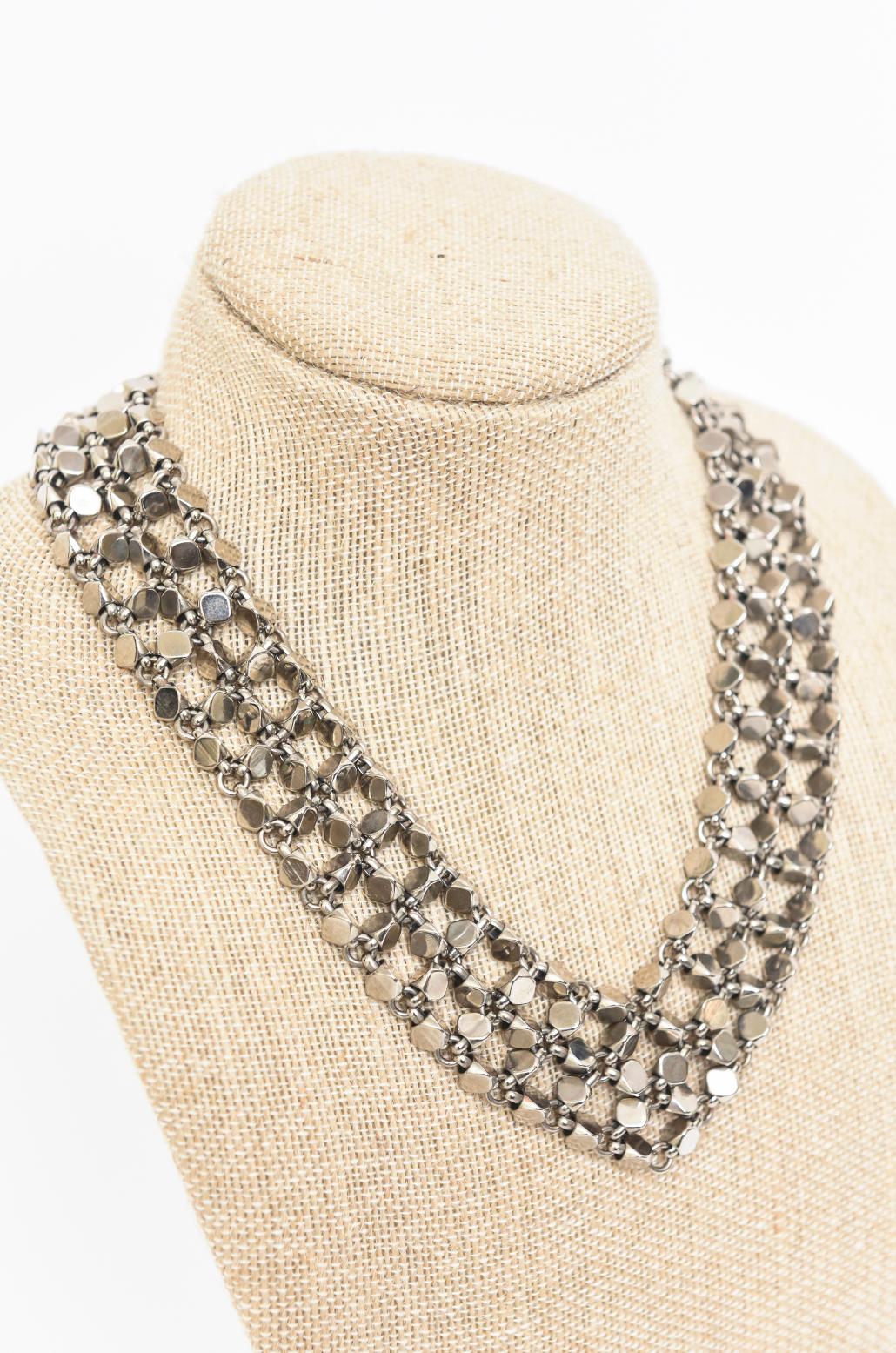 Chanel Rock Stud Silver 3 Row Metal Link V Necklace Signed  For Sale 7