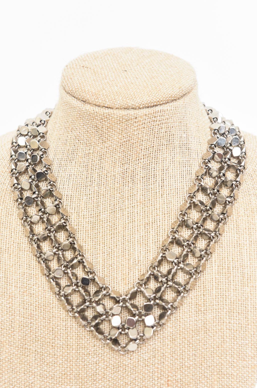 Chanel Rock Stud Silver 3 Row Metal Link V Necklace Signed  For Sale 8