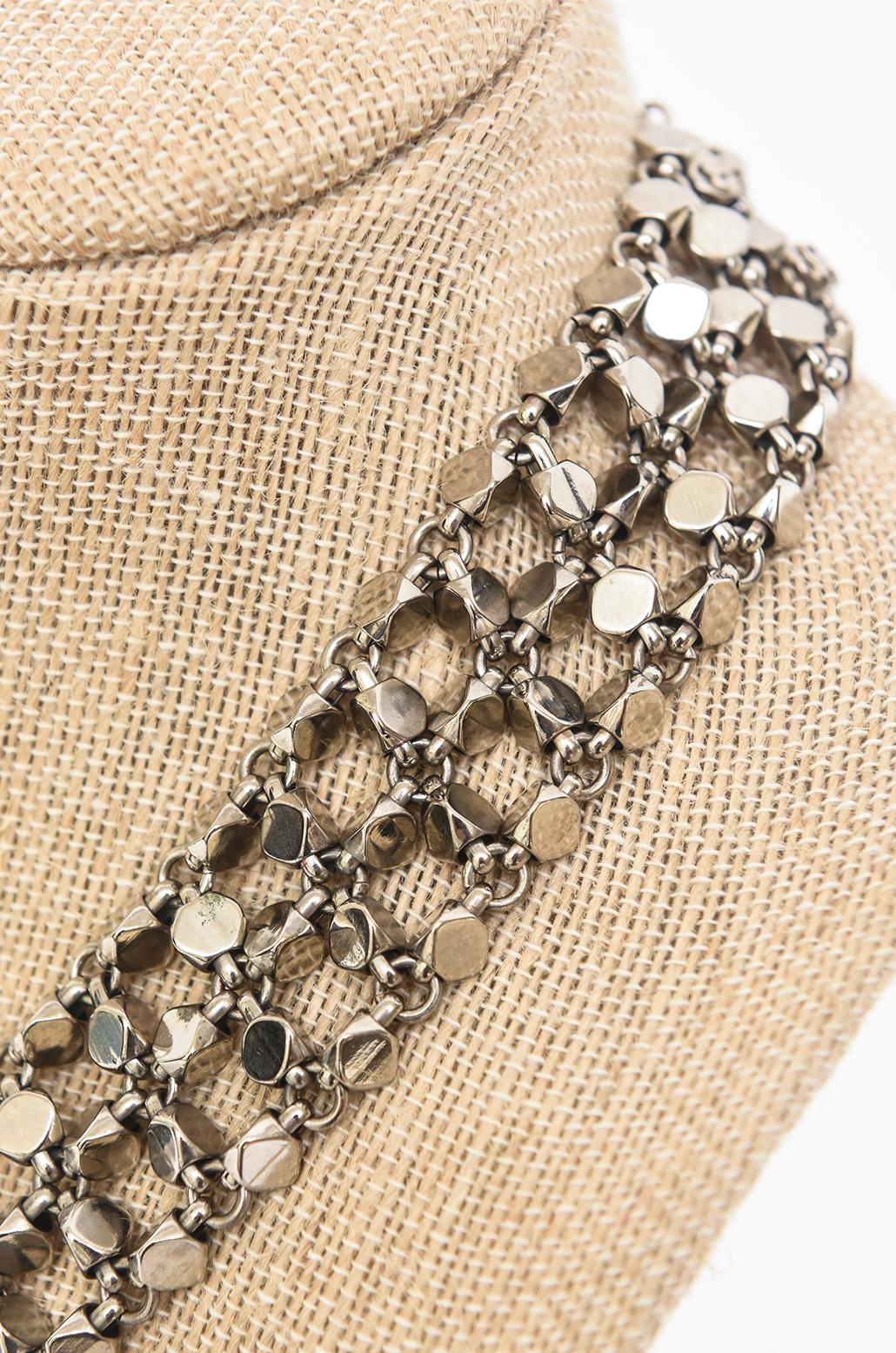Chanel Rock Stud Silver 3 Row Metal Link V Necklace Signed  For Sale 10