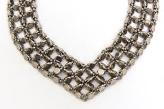 Signed Chanel Silver Rock Stud 3 Row Metal Link V Necklace 90'S