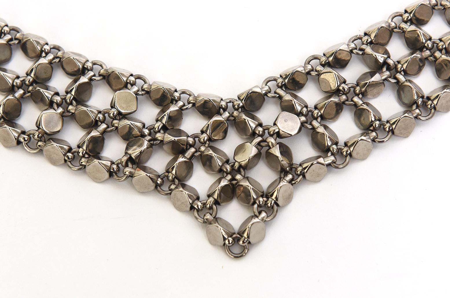 Modern Chanel Rock Stud Silver 3 Row Metal Link V Necklace Signed  For Sale