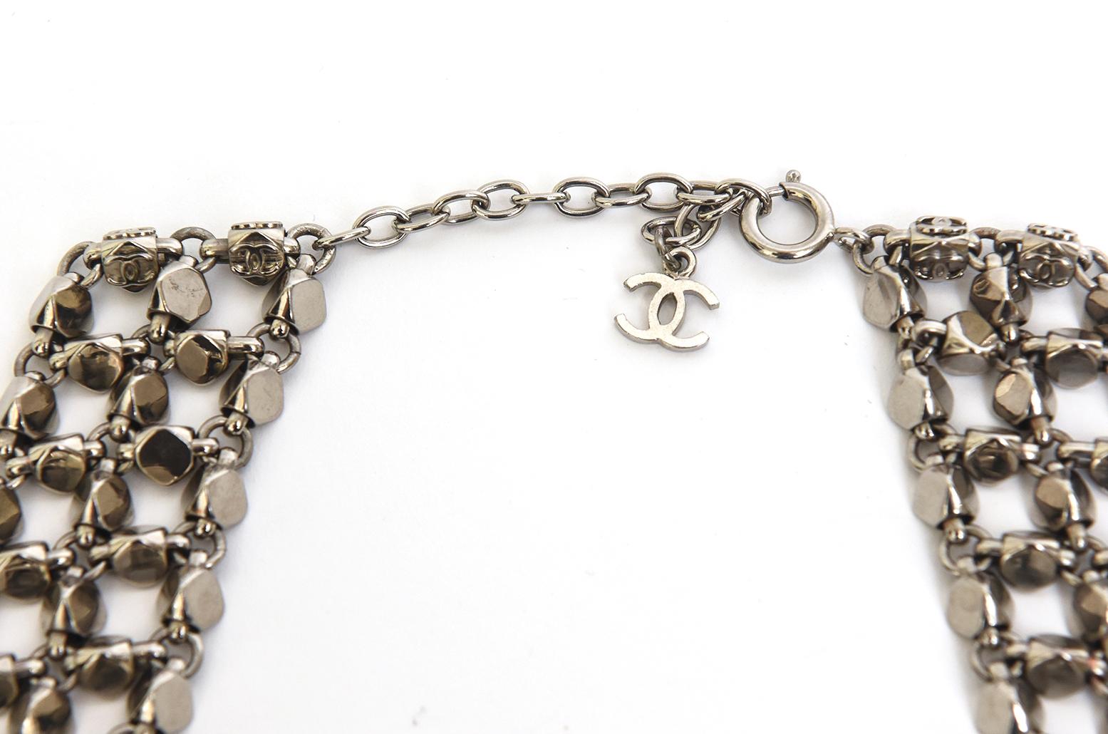 Chanel Rock Stud Silver 3 Row Metal Link V Necklace Signed  In Good Condition For Sale In North Miami, FL