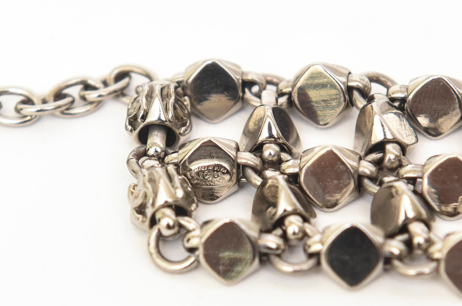 Chanel Rock Stud Silver 3 Row Metal Link V Necklace Signed  For Sale 1
