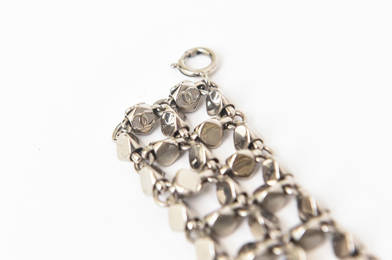 Chanel Rock Stud Silver 3 Row Metal Link V Necklace Signed  For Sale 2