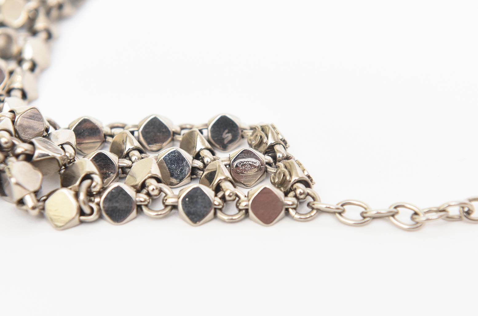 Chanel Rock Stud Silver 3 Row Metal Link V Necklace Signed  For Sale 3