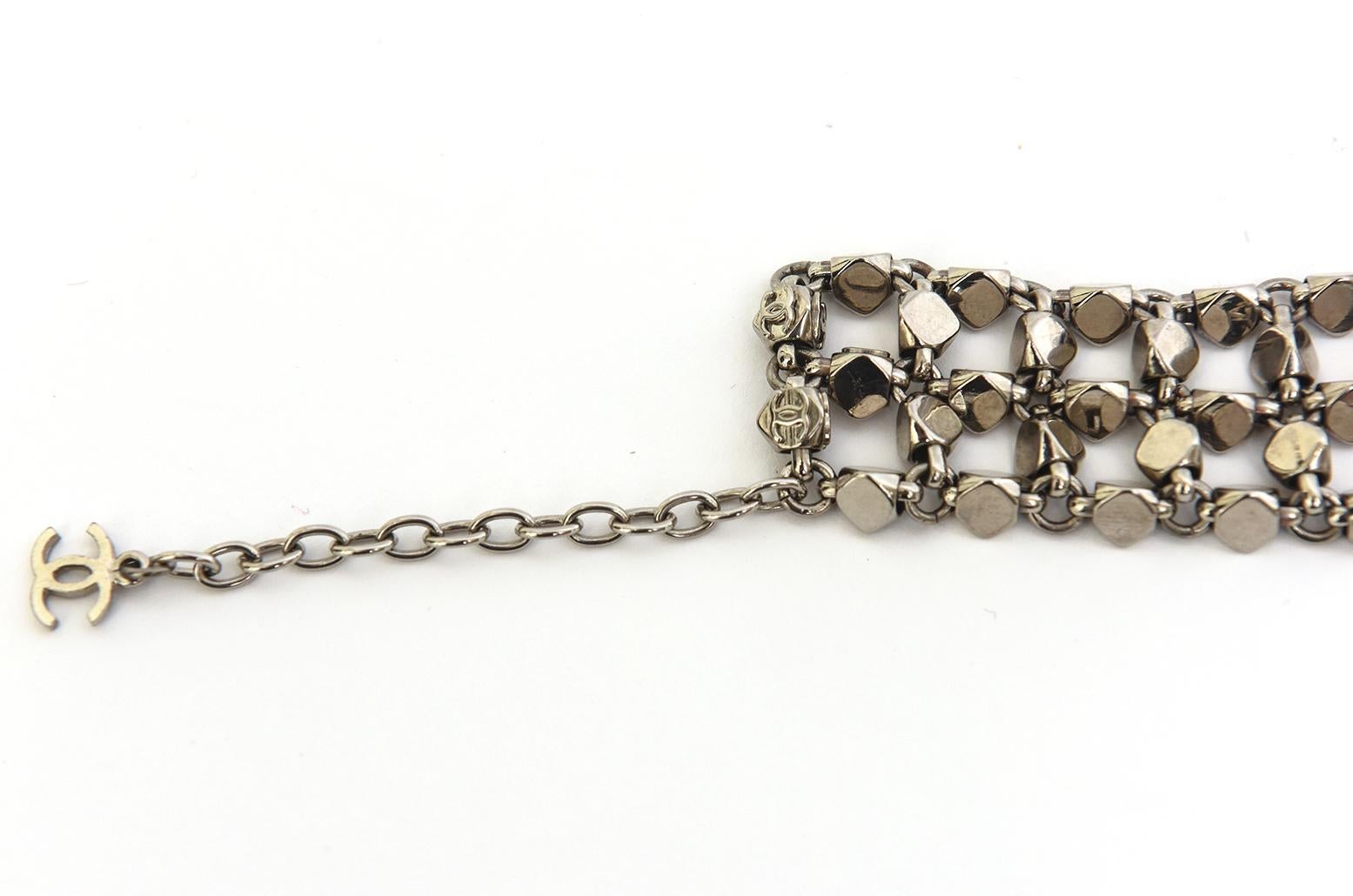 Chanel Rock Stud Silver 3 Row Metal Link V Necklace Signed  For Sale 4