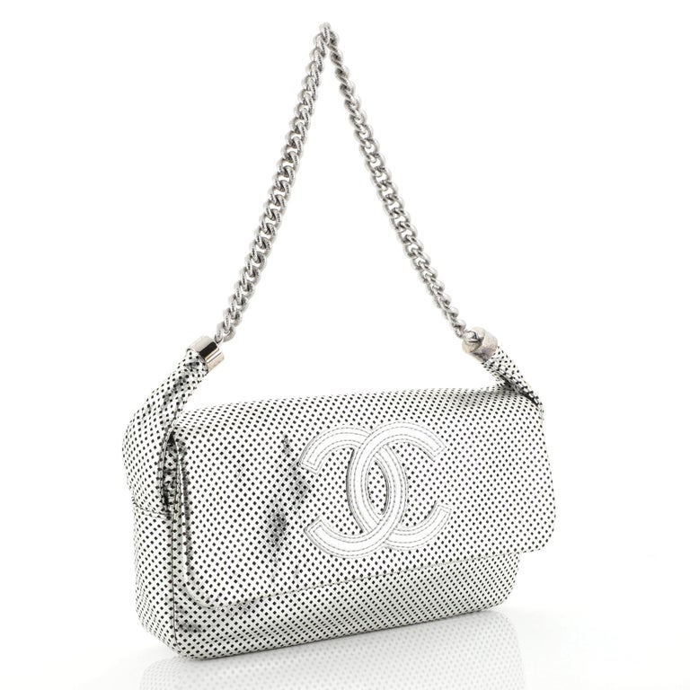 CHANEL Rodeo Drive Perforated Leather Shoulder Bag Metallic Silver