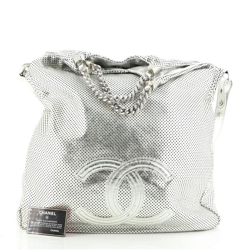 Gray Chanel Rodeo Drive Hobo Perforated Leather Large