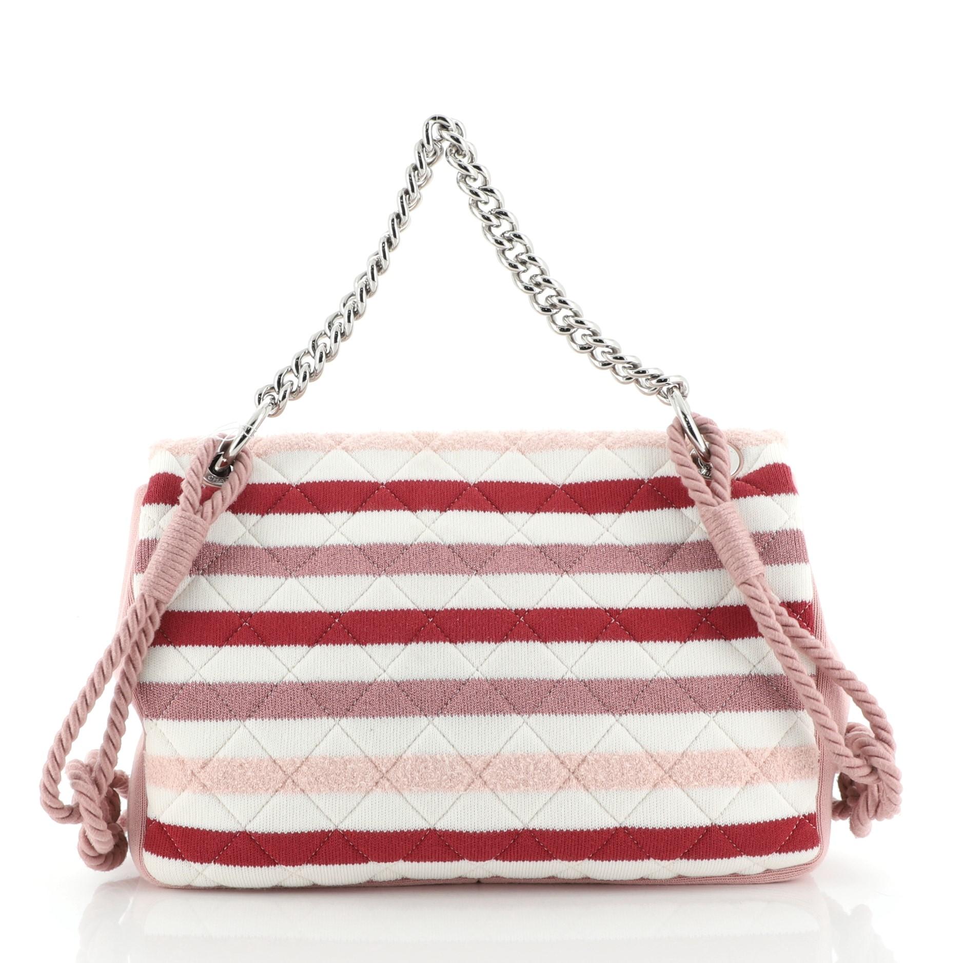 Beige Chanel Rope Flap Bag Quilted Striped Jersey Medium