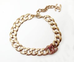 Chanel Rose Gold CC Fuchsia Crystal Chain Choker Necklace