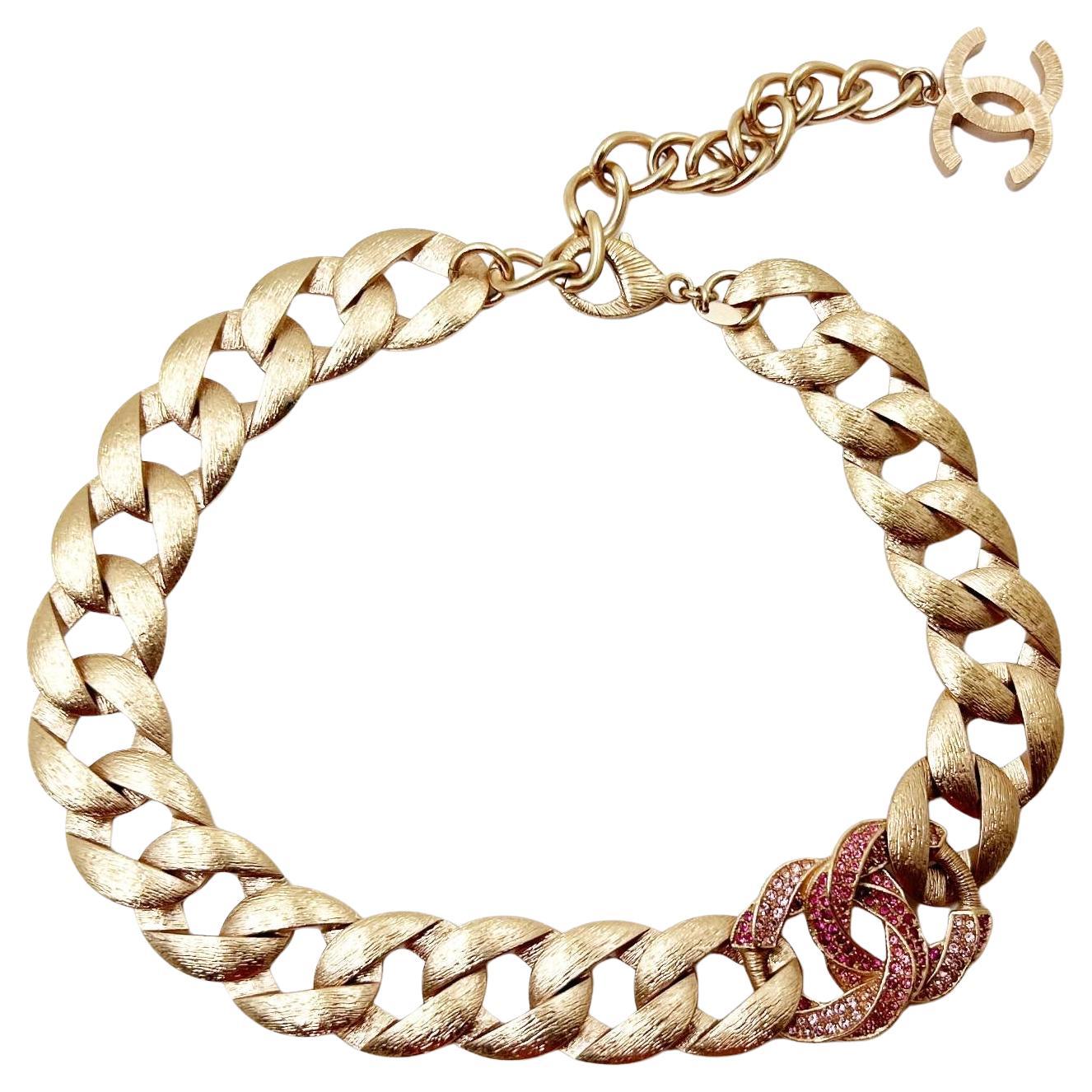 Chanel Rose Gold CC Fuchsia Crystal Chain Choker Necklace