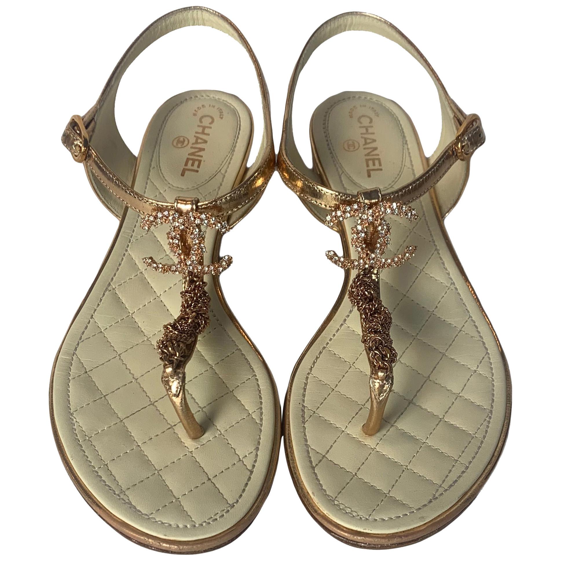 Chanel Rose Gold Chain Thong Sandals w 