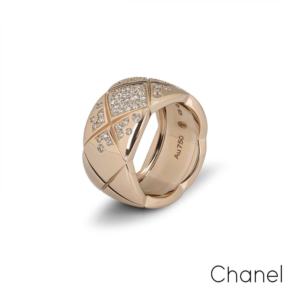 A beautiful 18k beige / rose gold diamond Chanel ring from the Coco Crush collection. The ring comprises of a quilted motif set with round brilliant cut diamonds in the centre of the ring. The diamonds have a total weight of 0.46. The ring measures