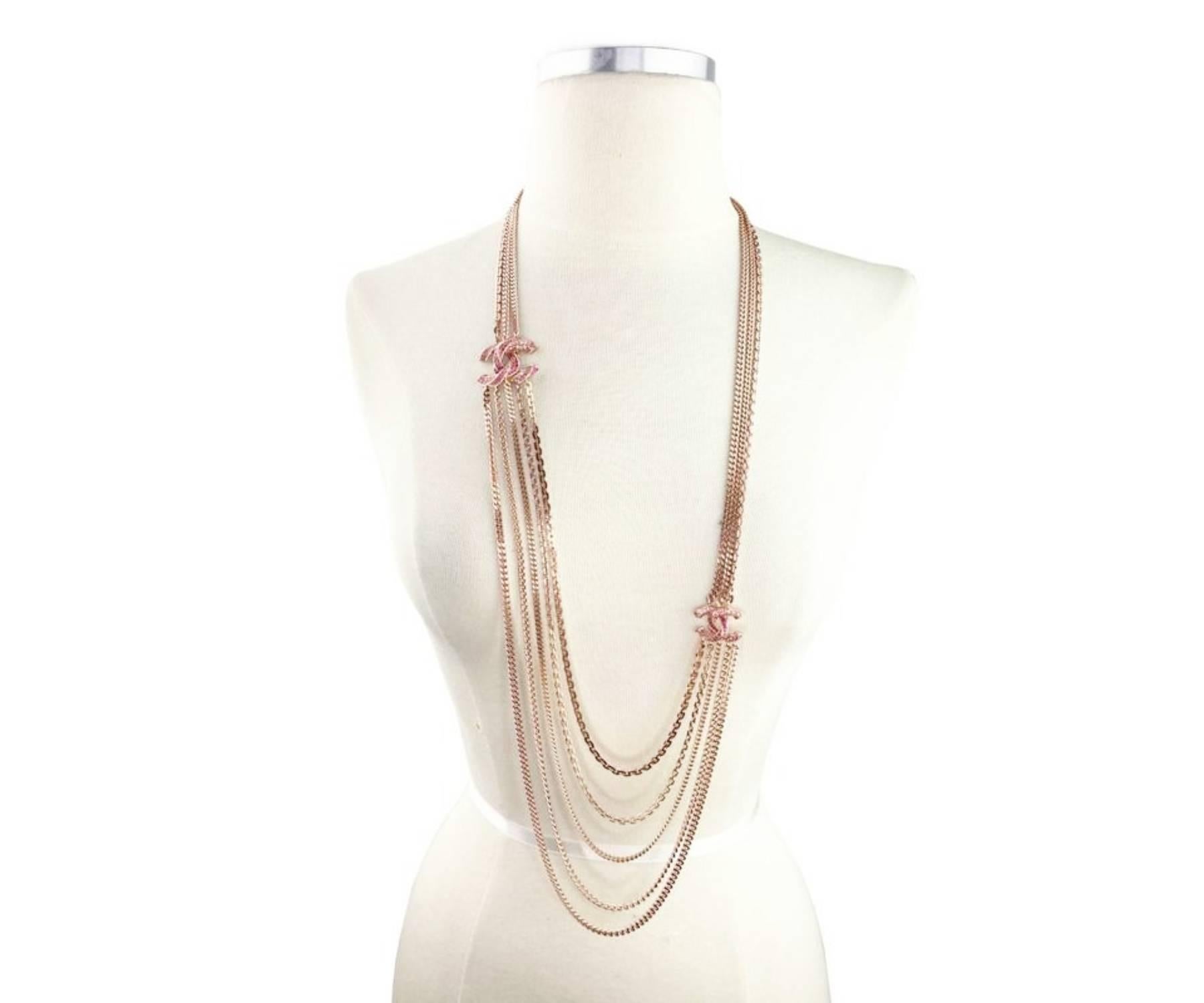 Chanel Collar Oro Rosa Twisted CC Fucsia Rosa Cristal Multi Cadena Artesano