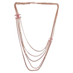 Chanel Rose Gold Twisted CC Fuchsia Pink Crystal Multi Chain Necklace