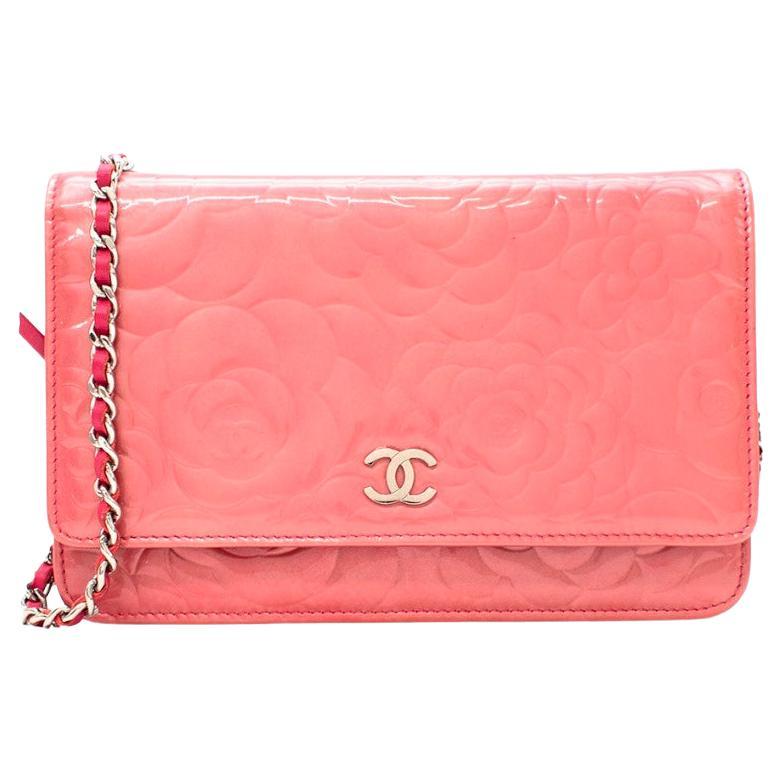 Chanel Rose Pink Patent Camellia Embossed Leather Wallet on Chain
