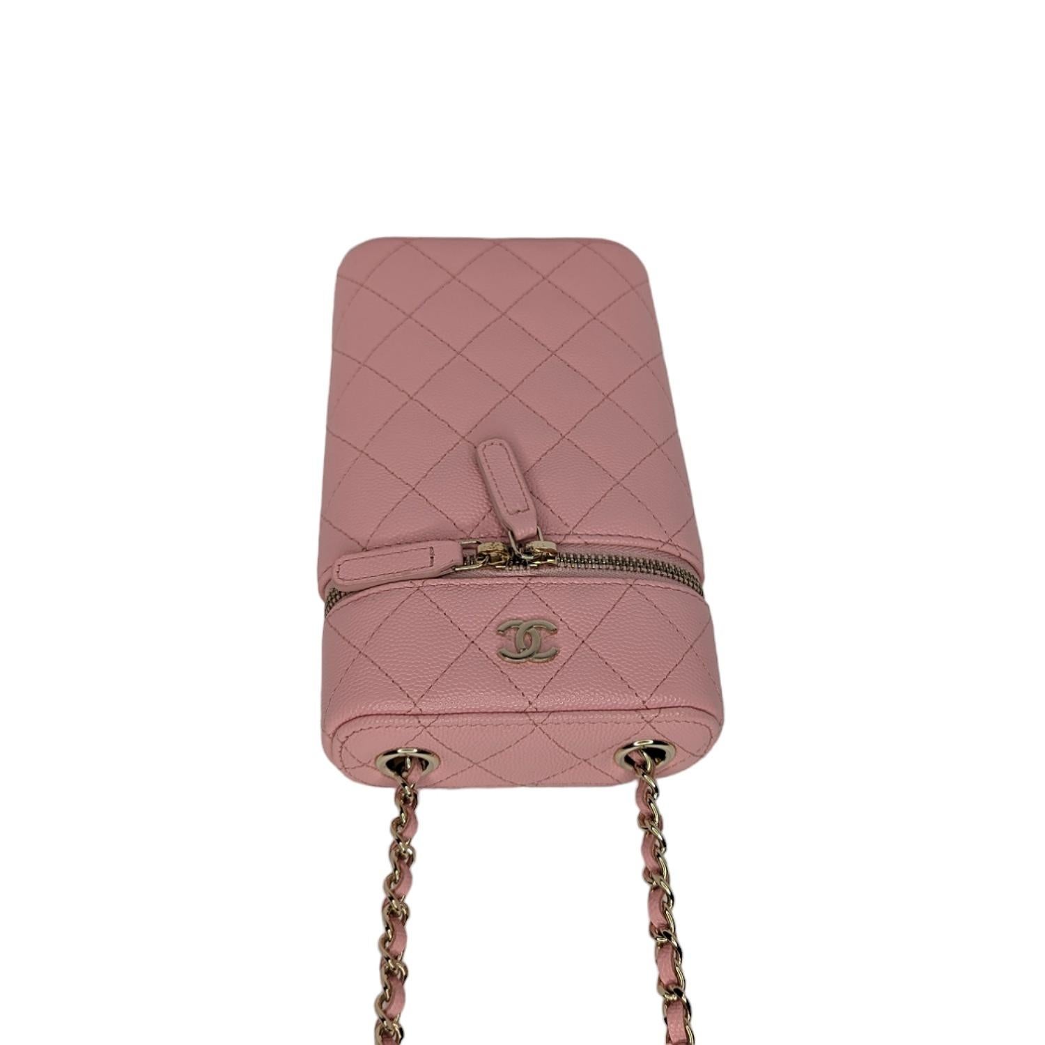 Chanel Rose Quilted Caviar Vanity O-Phone Holder With Chain For Sale 1