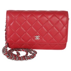 Chanel Rouge Red Quilted Lambskin Classic Wallet On Chain