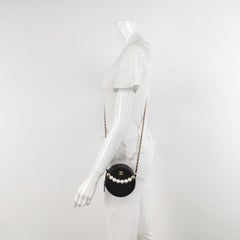 Chanel Round Black Lambskin Leather Crossbody Bag with Matelasse Chain and Pearl