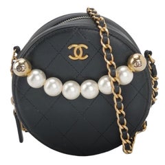 Chanel Round Black Lambskin Leather Crossbody Bag with Matelasse Chain and Pearl