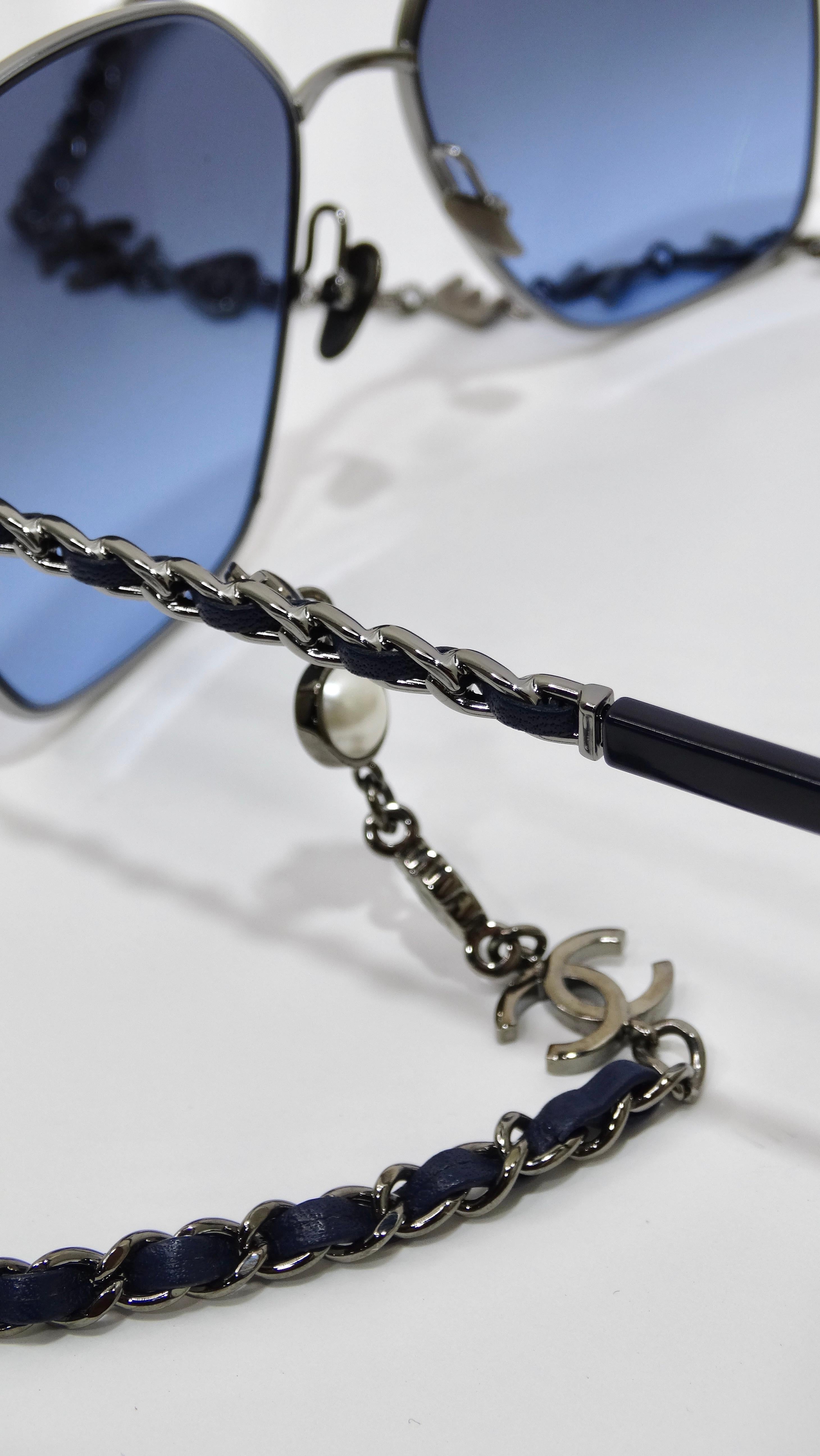 Chanel Round Blue Lense Sunglasses w/ Logo Chain 3