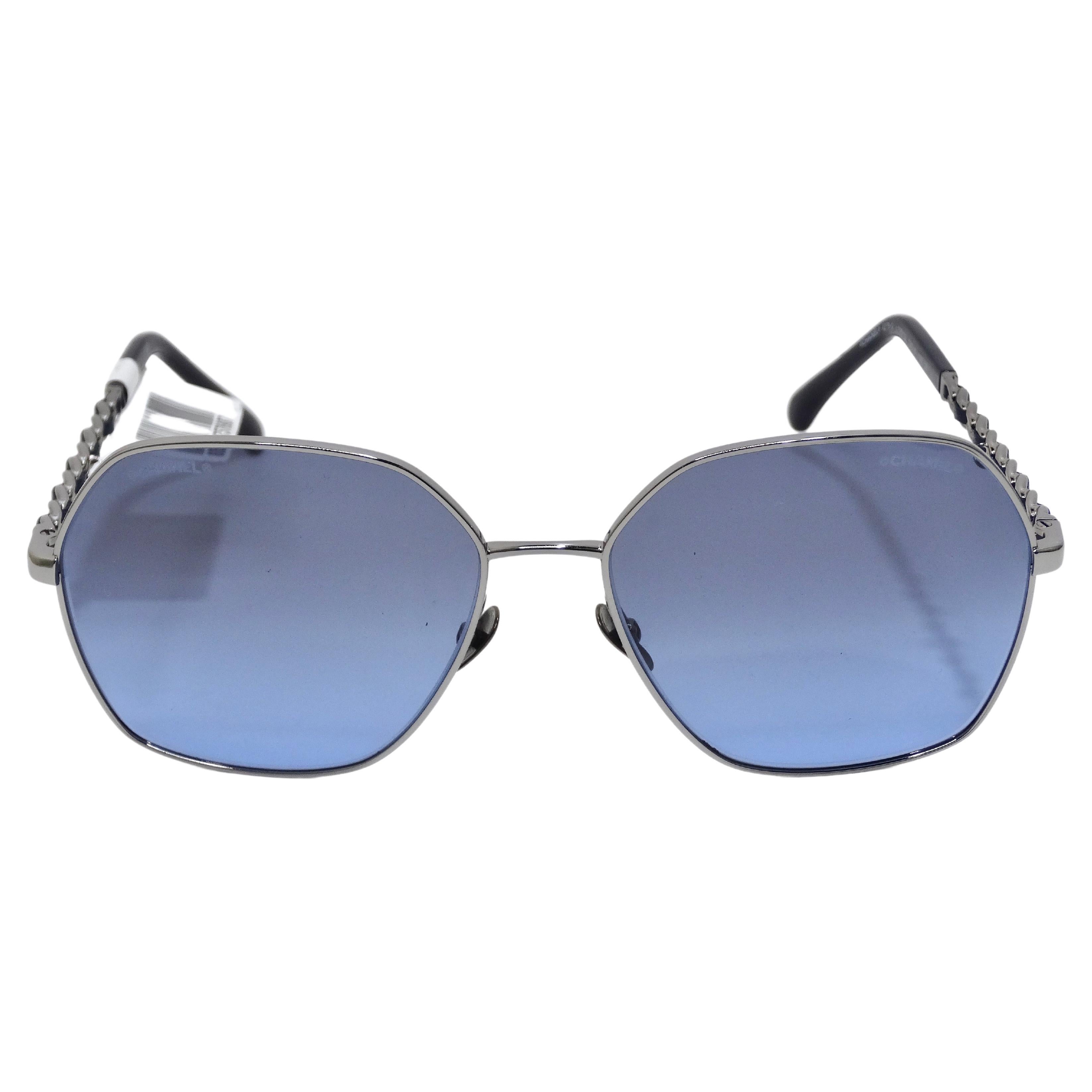Chanel Round Blue Lense Sunglasses w/ Logo Chain