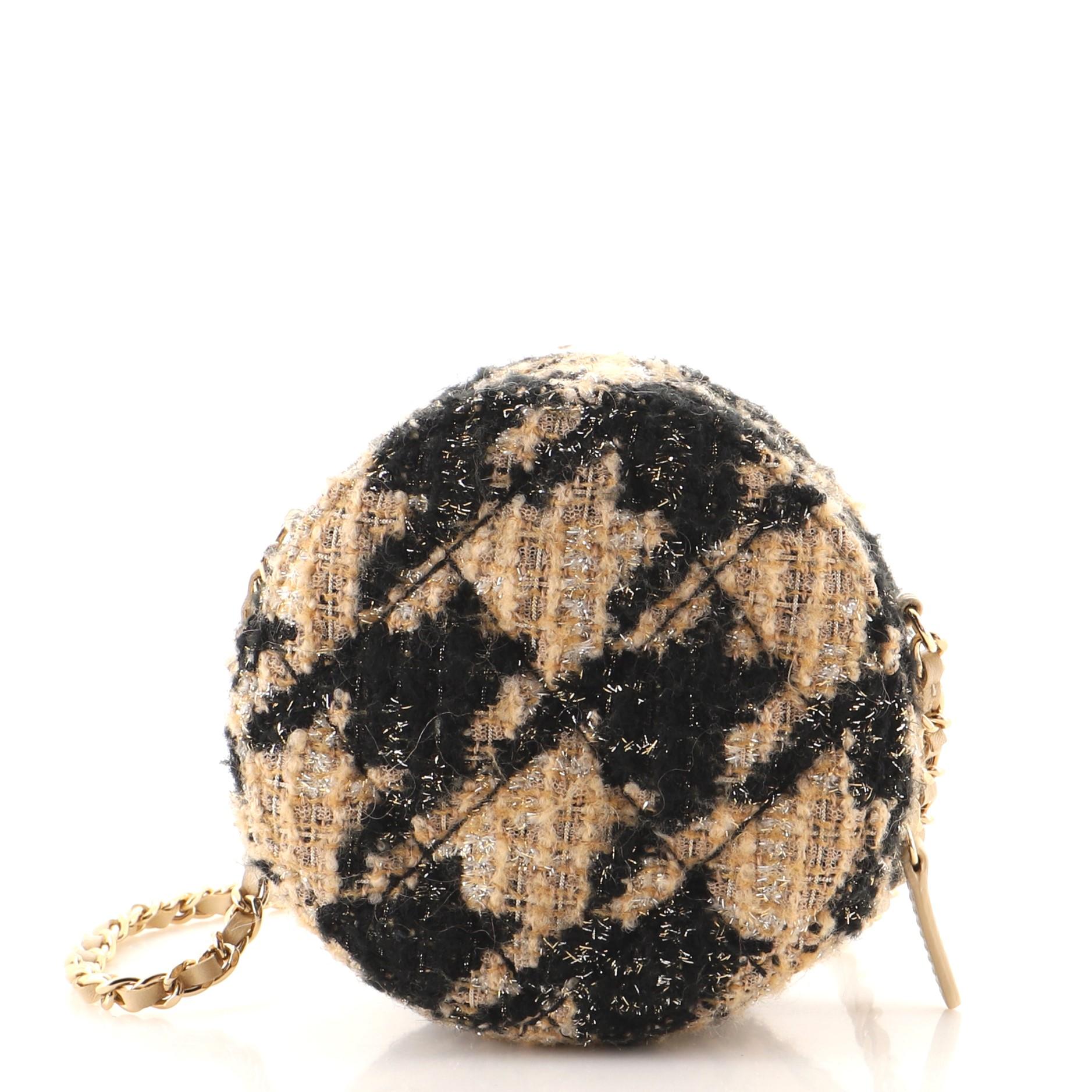 Chanel Round Clutch with Chain and Coin Purse Quilted Tweed with Shearling In Good Condition In NY, NY