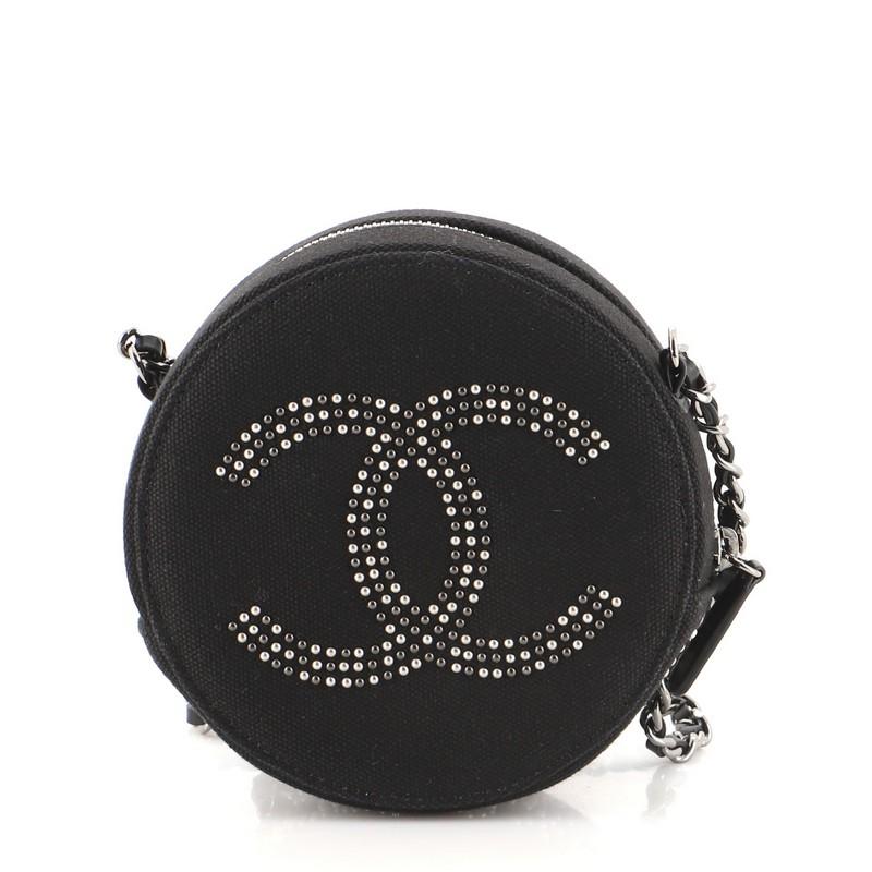 Chanel Round Clutch with Chain CC Studded Canvas In Good Condition In NY, NY