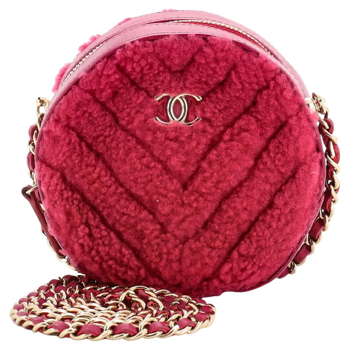 Chanel Round Clutch with Chain Chevron Shearling Mini For Sale