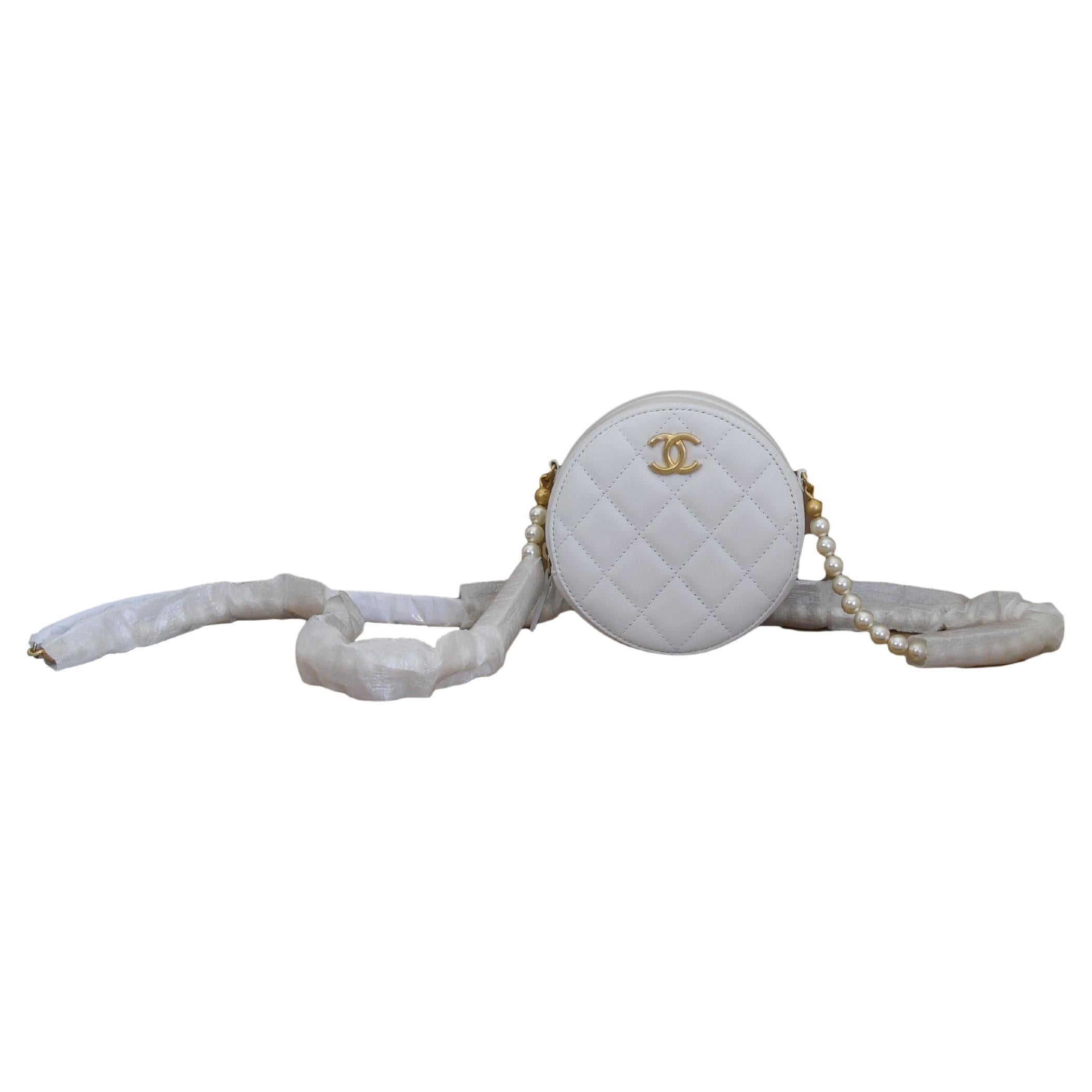 Chanel Round Clutch with Pearl Chain White For Sale at 1stDibs  chanel  round bag, chanel white clutch, chanel circle bag white