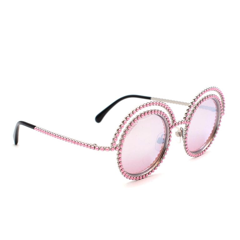 Chanel Round Faux Pearl Embellished Pink Sunglasses