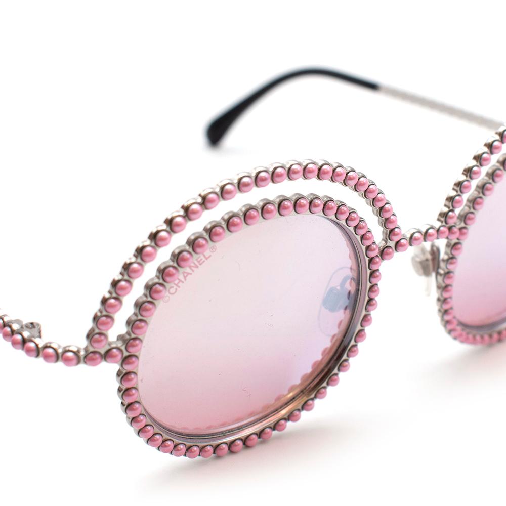 Black Chanel Round Faux Pearl Embellished Pink Sunglasses 