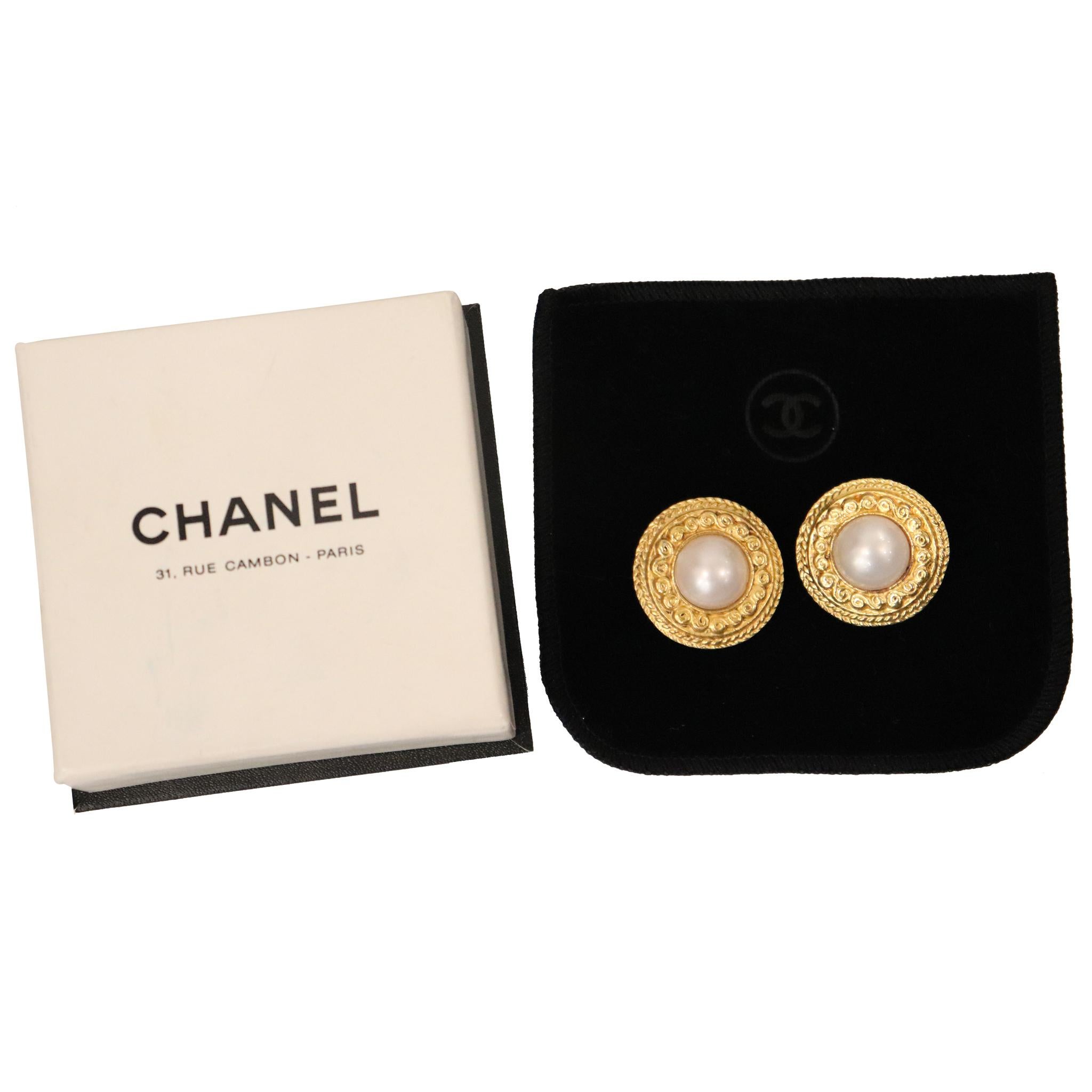 Chanel Round Faux Pearl Gold-tone Plated Metal Clip on Earrings Circa 1980s 1