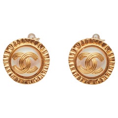Vintage Chanel Round Gold Pearl CC Button Clip On Earrings