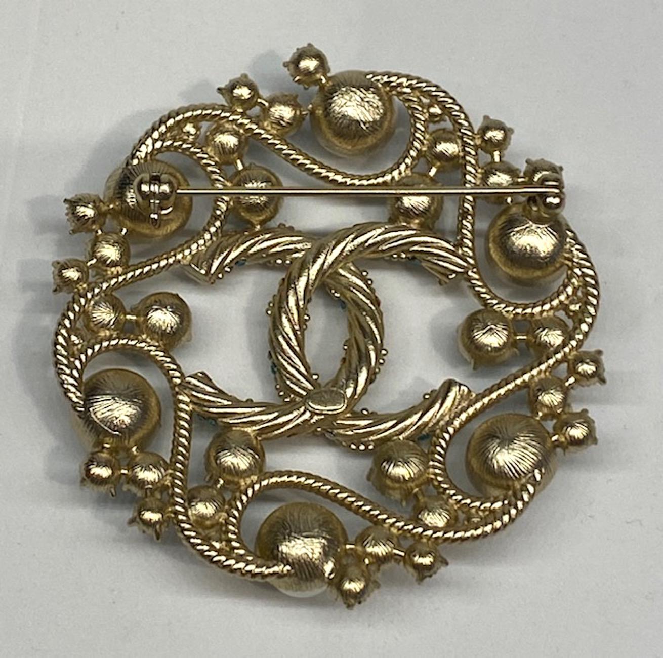 Chanel Round Pearl, & Rhinestone Brooch, Cruise Collection 2019 In Good Condition In New York, NY